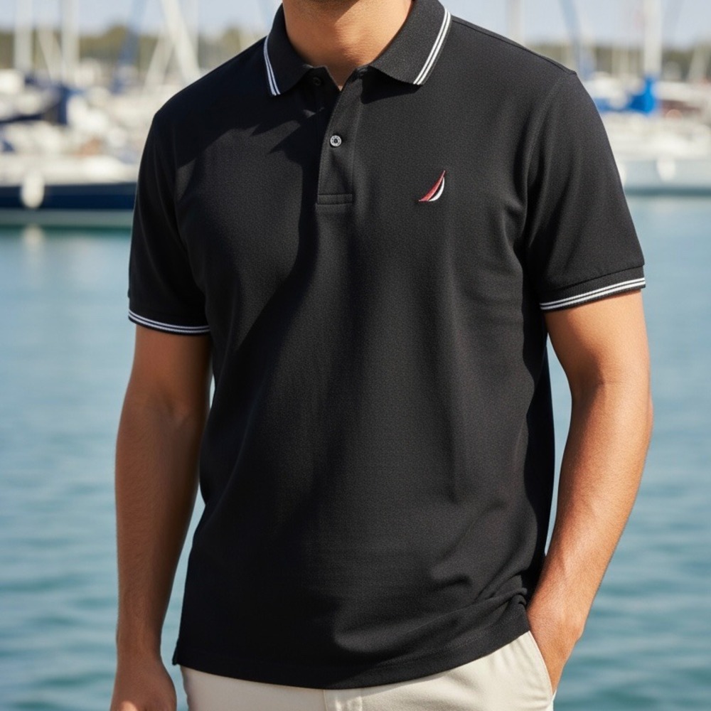 Nautica Mens Black Polo Shirt White Trim Short Sleeve Casual Classic XXL